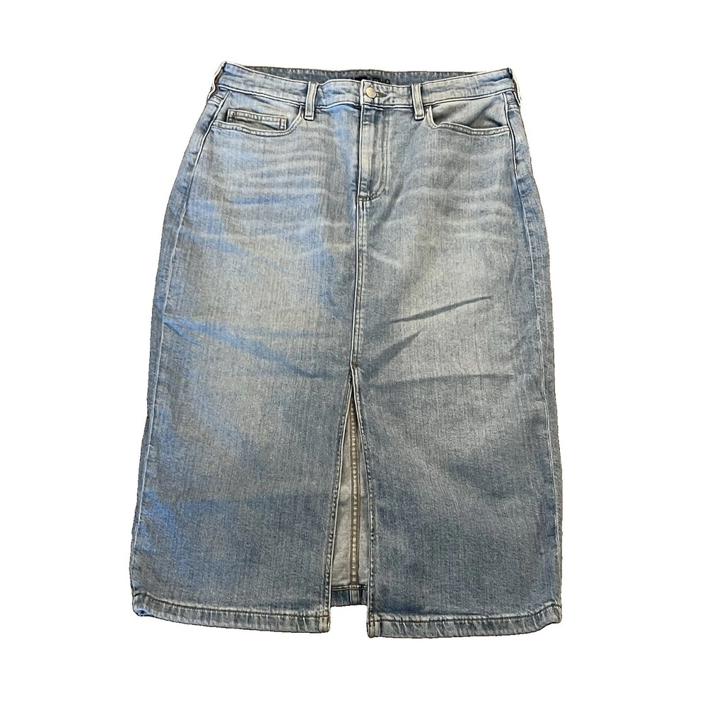 Lands End Denim Skirt Womens 14 Light Wash Jean Midi Front Slit Stretch